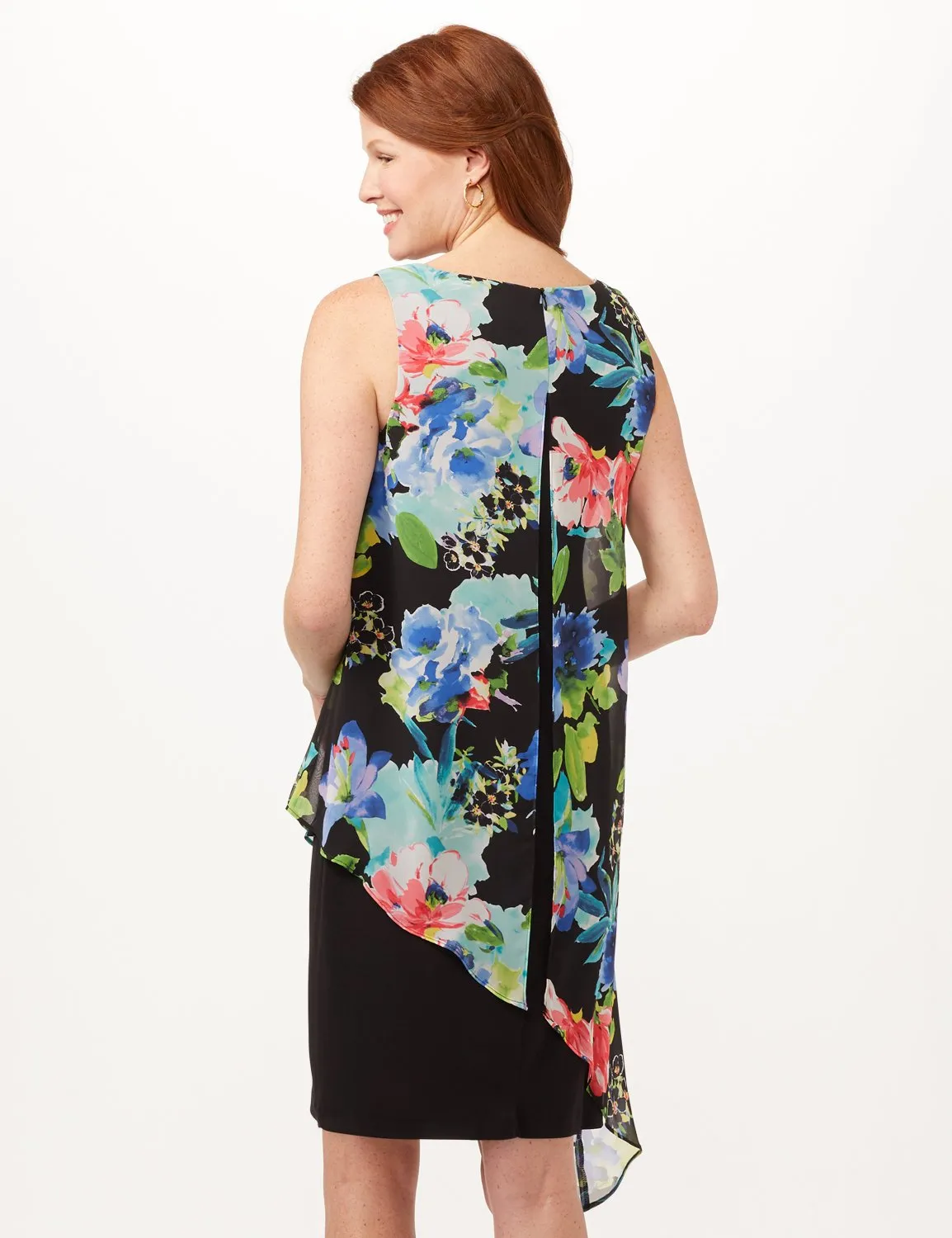 Asymmetrical Floral Chiffon Overlay Dress