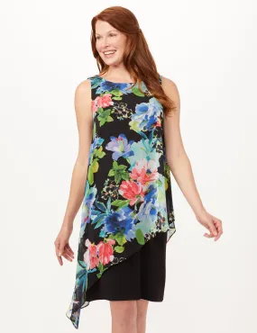 Asymmetrical Floral Chiffon Overlay Dress