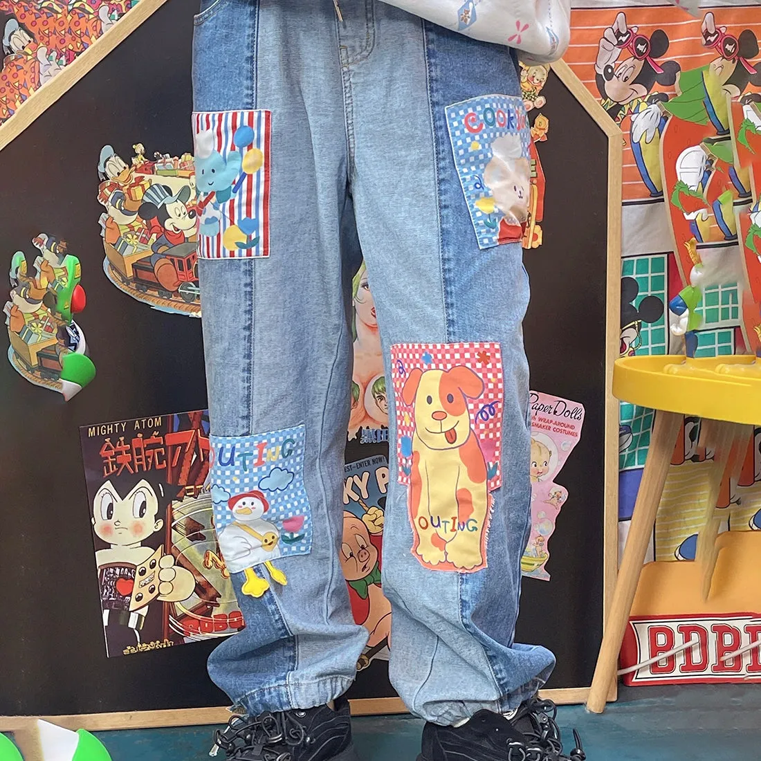Cartoon Patch Loose Denim Pants
