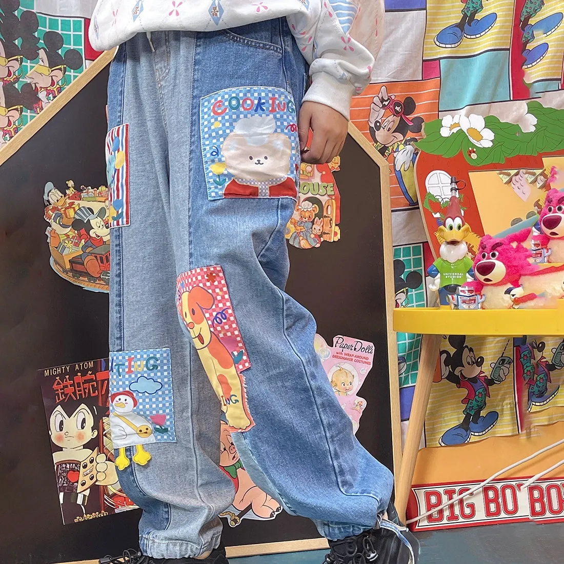 Cartoon Patch Loose Denim Pants