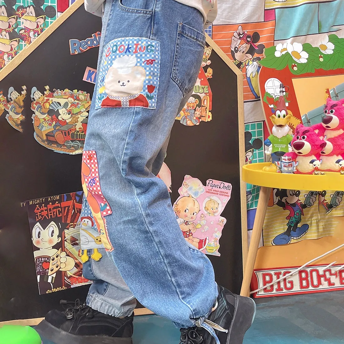 Cartoon Patch Loose Denim Pants