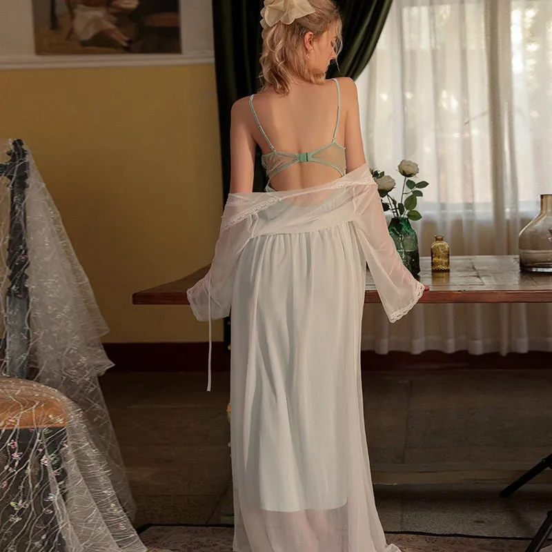 hulianfu 2 Pcs Lace Pajamas Nightgown Long Bride Robe Nightdress Wedding Pijama Silk Bathrobe Female Sexy Women Sleepwear