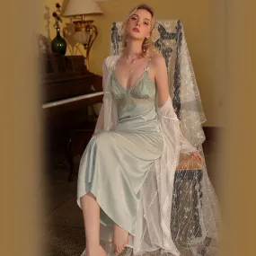 hulianfu 2 Pcs Lace Pajamas Nightgown Long Bride Robe Nightdress Wedding Pijama Silk Bathrobe Female Sexy Women Sleepwear