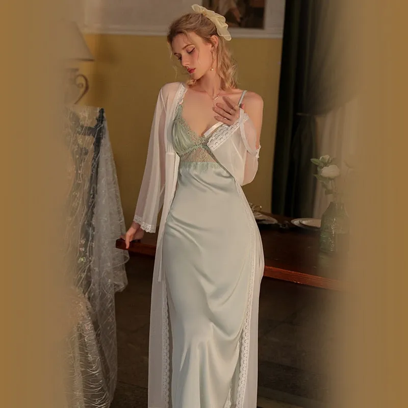 hulianfu 2 Pcs Lace Pajamas Nightgown Long Bride Robe Nightdress Wedding Pijama Silk Bathrobe Female Sexy Women Sleepwear