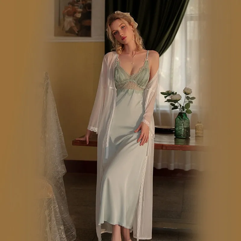hulianfu 2 Pcs Lace Pajamas Nightgown Long Bride Robe Nightdress Wedding Pijama Silk Bathrobe Female Sexy Women Sleepwear
