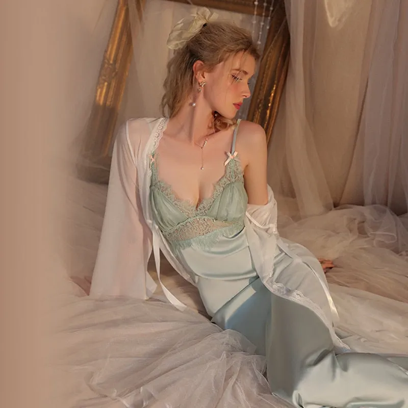 hulianfu 2 Pcs Lace Pajamas Nightgown Long Bride Robe Nightdress Wedding Pijama Silk Bathrobe Female Sexy Women Sleepwear