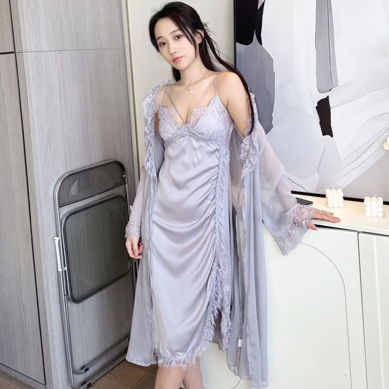 hulianfu Bride White Bathrobe Gown Sleep Suit Summer Women 2PCS Robe Set Nightdress Lingerie Lace Satin Sleepwear Kimono Loungewear