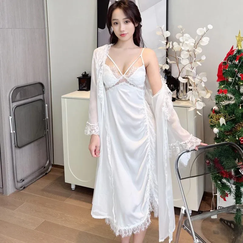 hulianfu Bride White Bathrobe Gown Sleep Suit Summer Women 2PCS Robe Set Nightdress Lingerie Lace Satin Sleepwear Kimono Loungewear