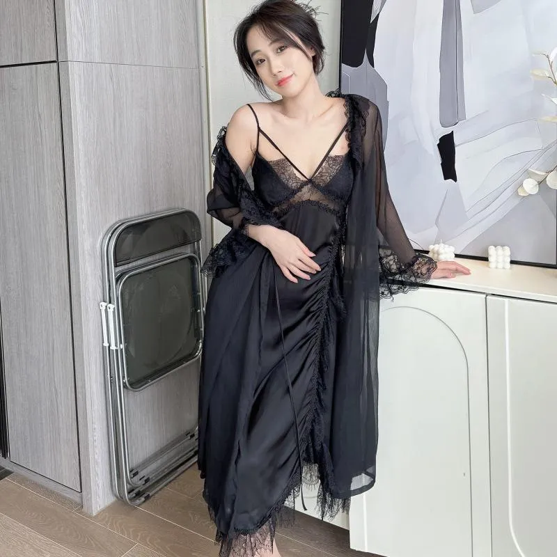 hulianfu Bride White Bathrobe Gown Sleep Suit Summer Women 2PCS Robe Set Nightdress Lingerie Lace Satin Sleepwear Kimono Loungewear