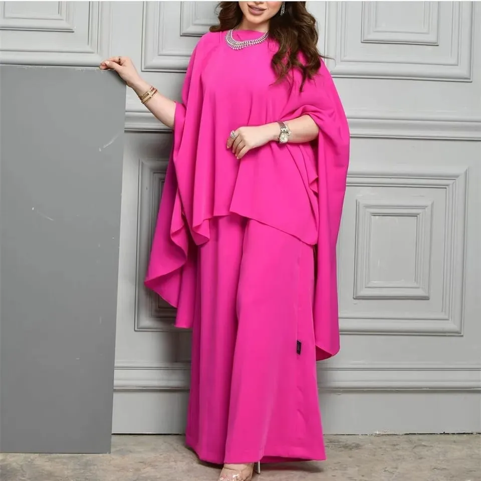 Long O-Neck Rose Red Muslim Pantsuit Evening Dresses Crepe Jumpsuit Floor Length Robes de Soirée for Women M S4896209