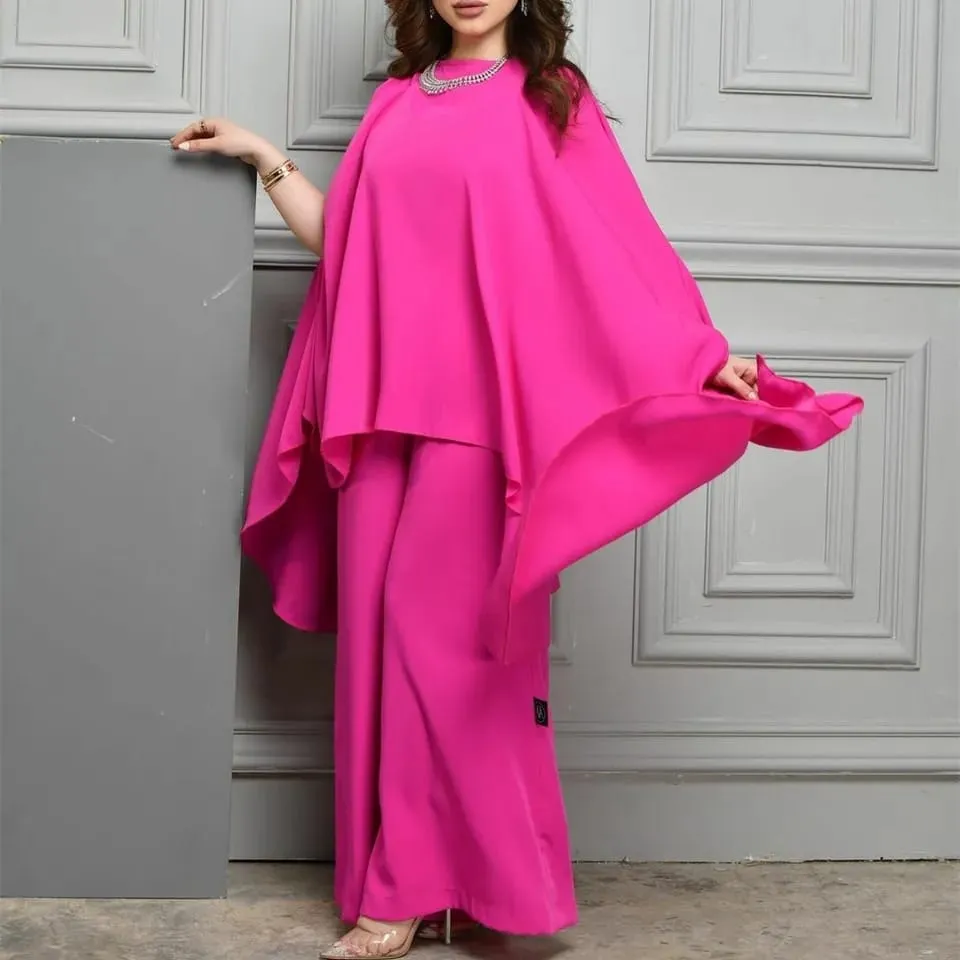 Long O-Neck Rose Red Muslim Pantsuit Evening Dresses Crepe Jumpsuit Floor Length Robes de Soirée for Women M S4896209