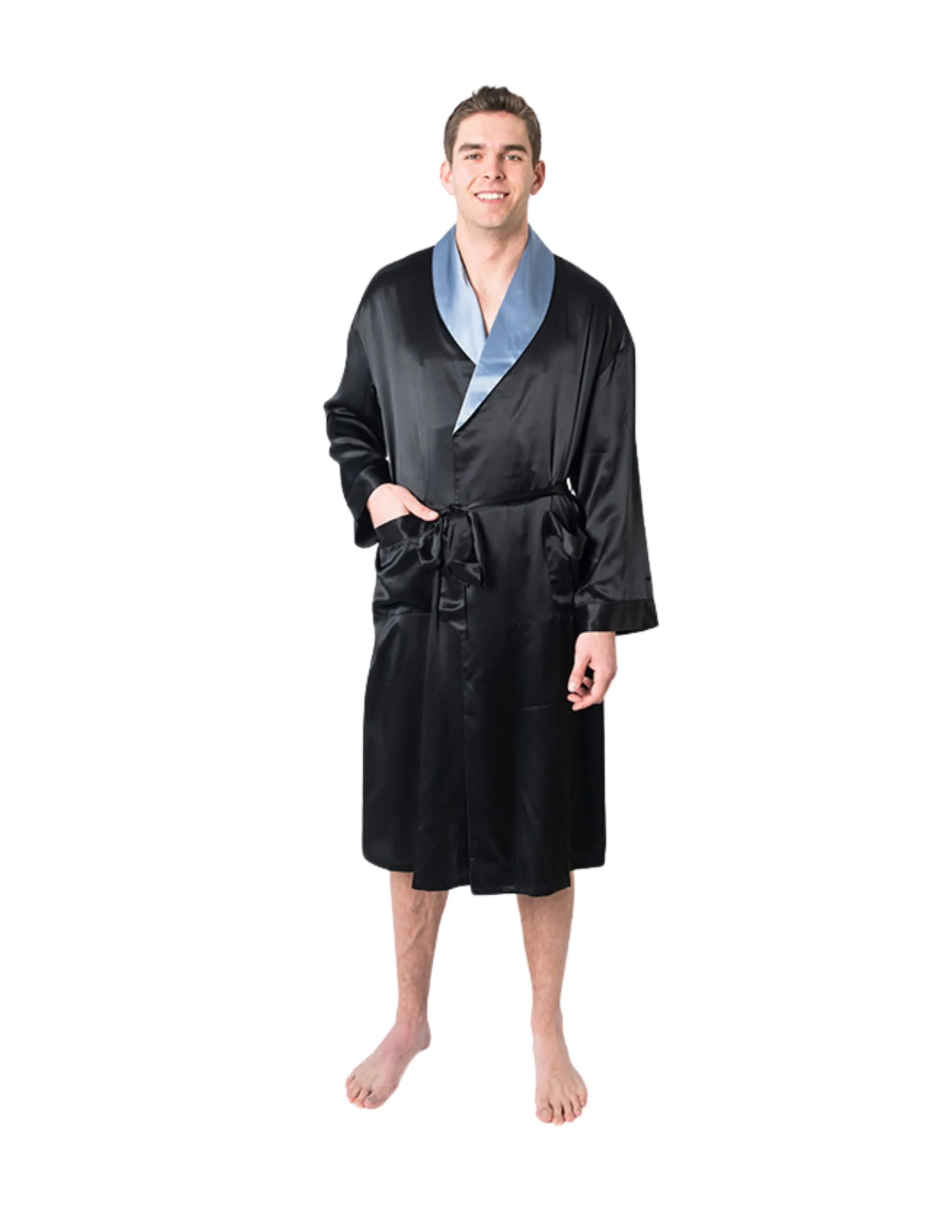 Men's Mulberry Silk Robe Black with Twilight Blue Collar