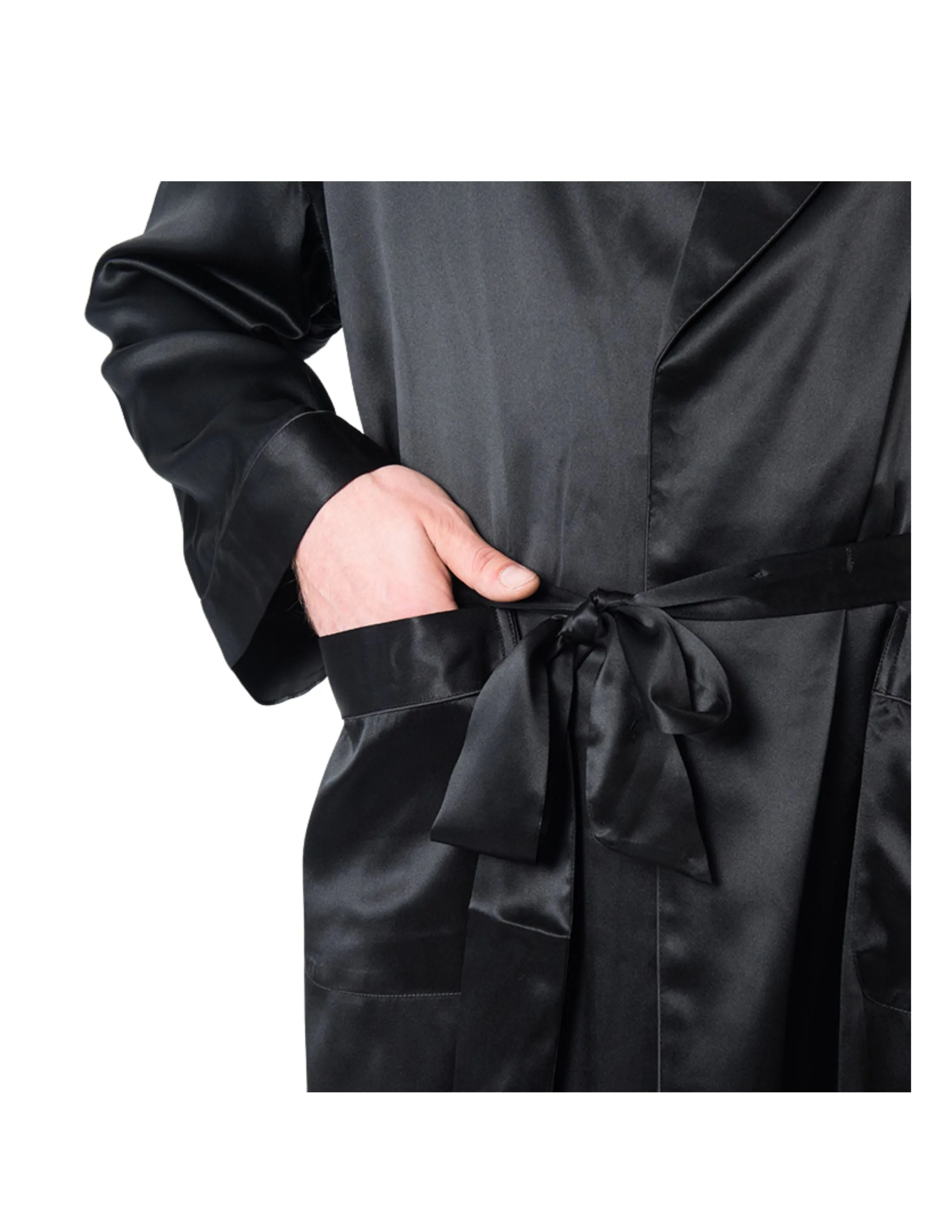 Men's Mulberry Silk Robe Black with Twilight Blue Collar