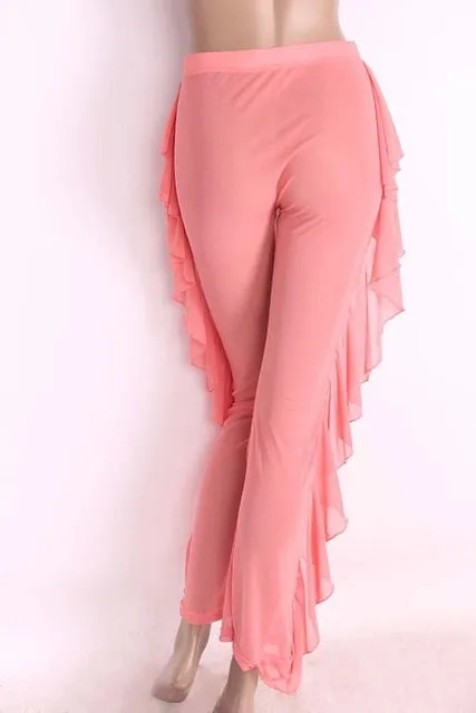 New Sexy Ruffle Women Beach Mesh Pants Sheer Wide Leg Pants Transparent See through Sea Holiday Cover Up Bikini Trouser Pantalon