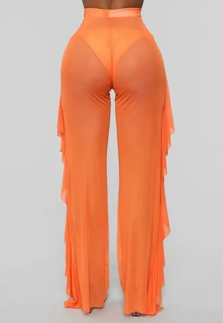 New Sexy Ruffle Women Beach Mesh Pants Sheer Wide Leg Pants Transparent See through Sea Holiday Cover Up Bikini Trouser Pantalon