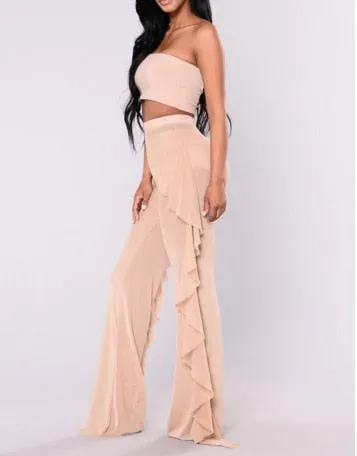 New Sexy Ruffle Women Beach Mesh Pants Sheer Wide Leg Pants Transparent See through Sea Holiday Cover Up Bikini Trouser Pantalon