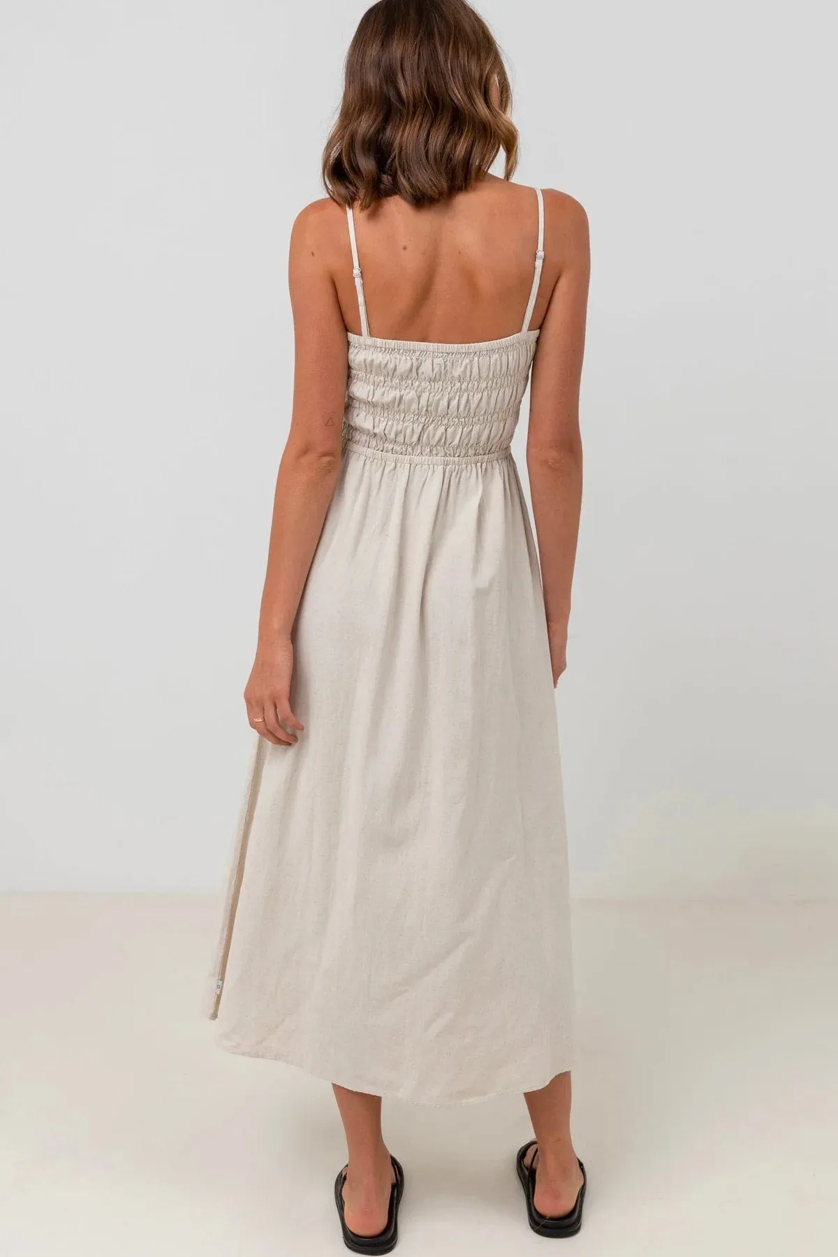 RHYTHM CLASSIC SHIRRED MIDI DRESS - OAT