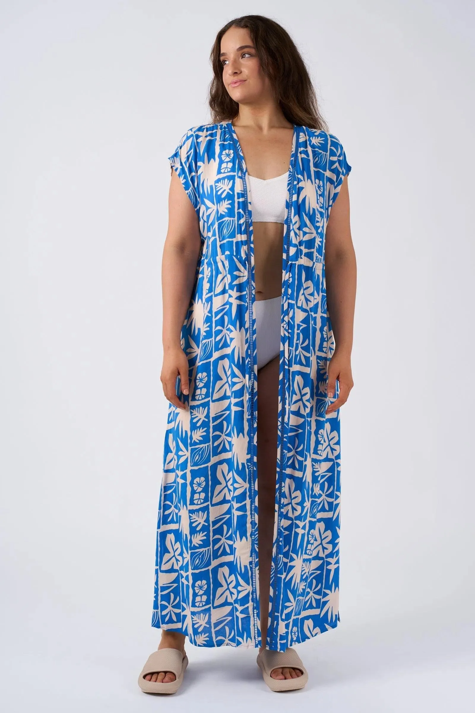 Sustainable Viscose Maxi Kimono - Blue Tiki