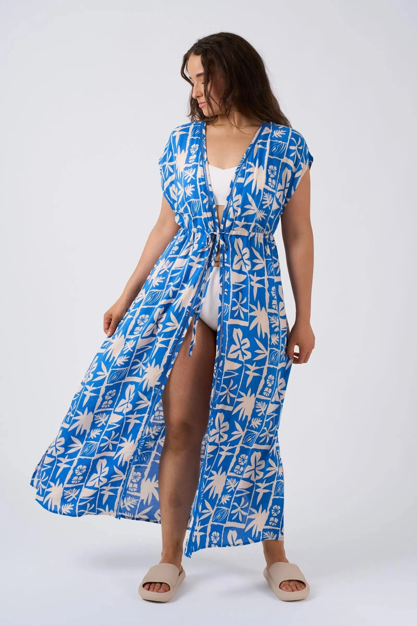 Sustainable Viscose Maxi Kimono - Blue Tiki