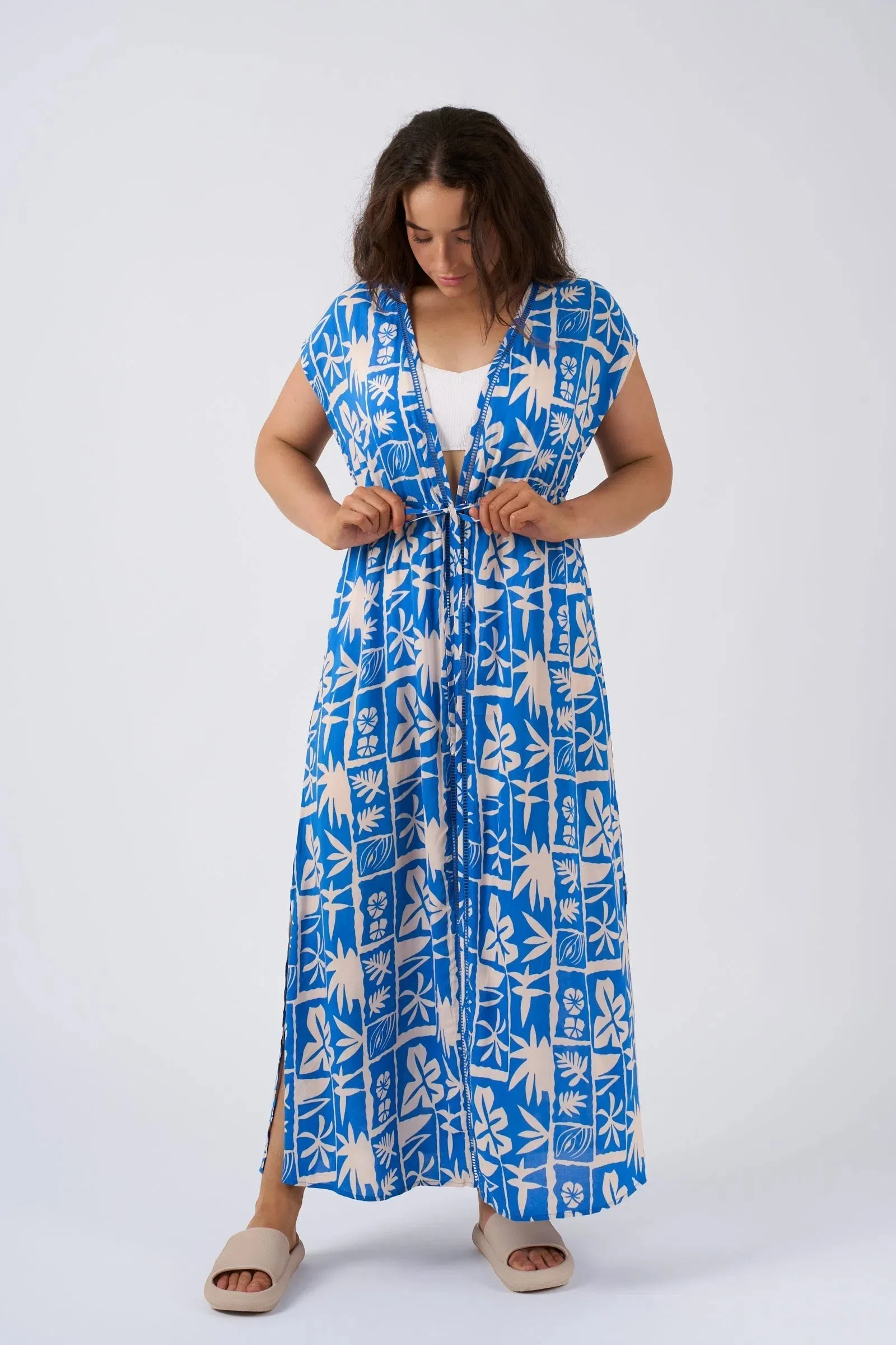 Sustainable Viscose Maxi Kimono - Blue Tiki