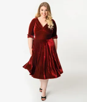 Unique Vintage Plus Size 1950s Burgundy Red Velvet Delores Swing Dress with Sleeves